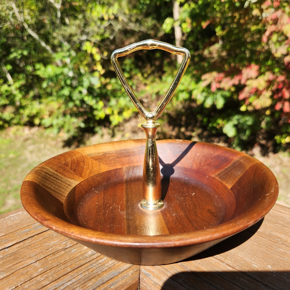 Vintage Vermillion 7" Walnut Nut/Candy Dish With Metal Handle